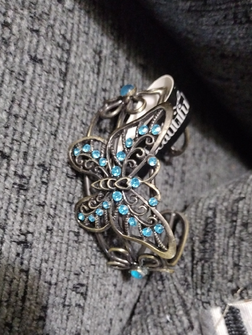Bronze Butterfly Cuff Bracelet with Aqua Crystals. NWT